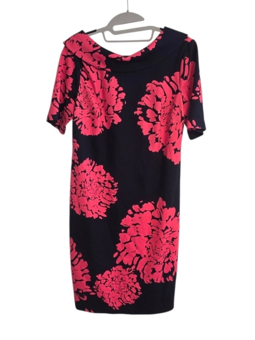 Trina Turk Olinda Floral Ponte Dress Navy Bold Pink Floral Dramatic Neckline
